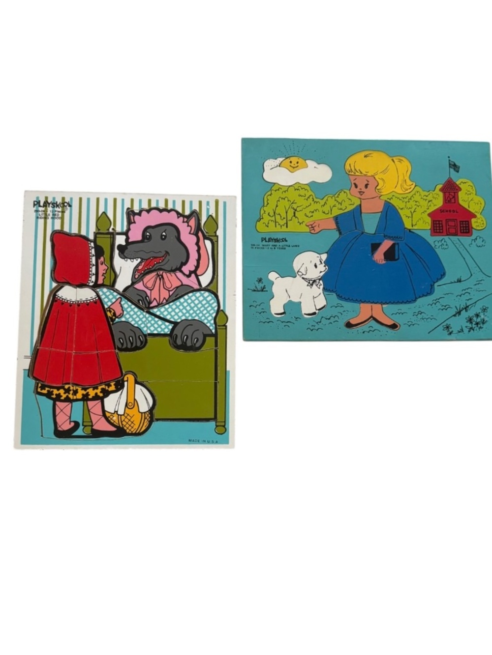 2 Vintage 60's Playskool Wooden Puzzles Mary Had A Little Lamb & Red Riding Hood